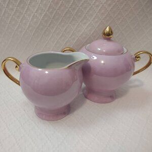 Godinger Pink Lusterware Creamer Lidded Sugar Bowl Gold Handles Vintage Set